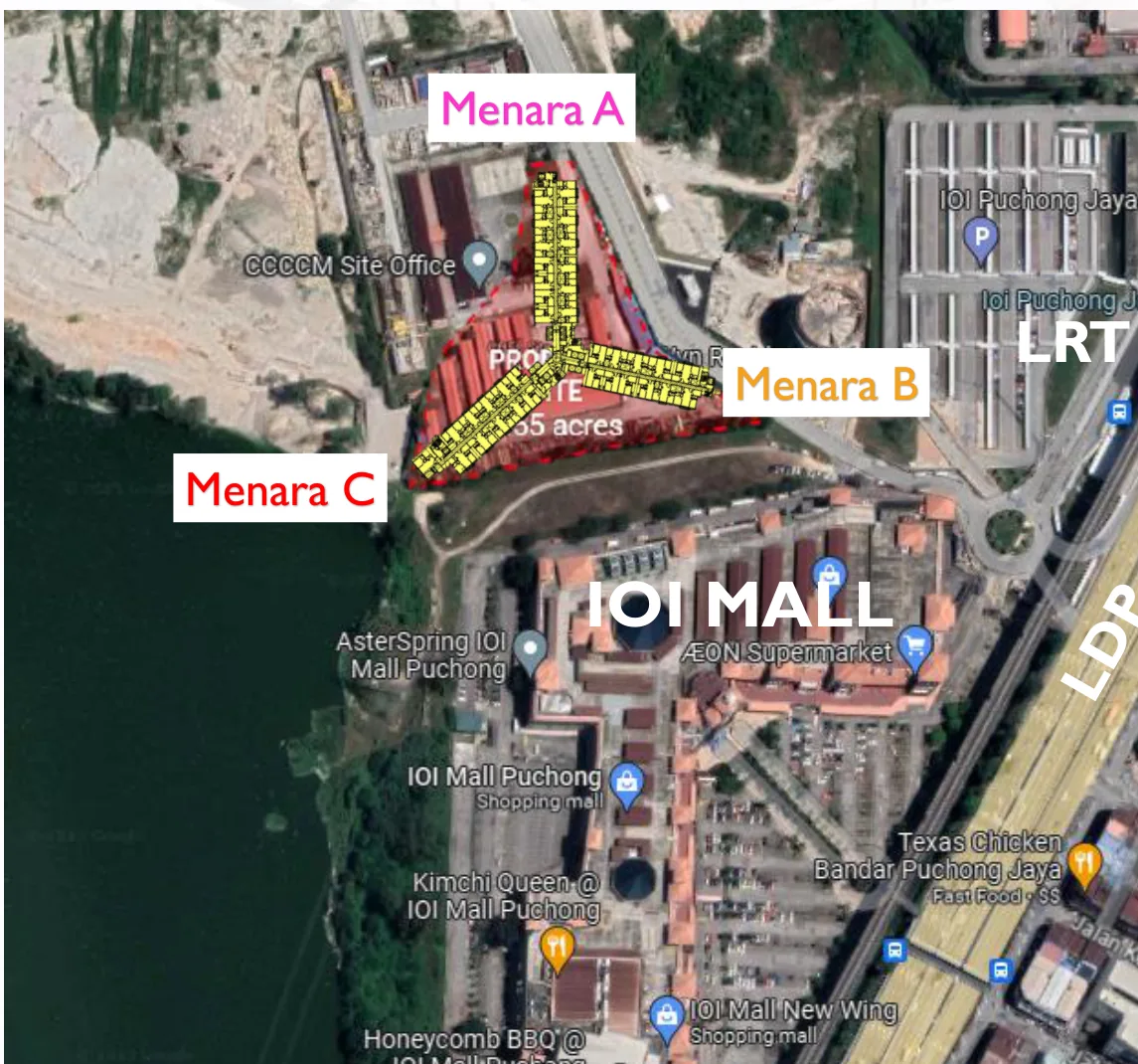Konteks akses luas The Wyn, IOI Mall Puchong dan LRT Puchong Jaya