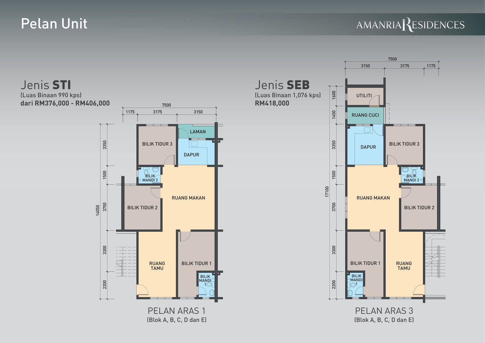 Pelan unit Amanria Residences 3 bilik 2 bilik air