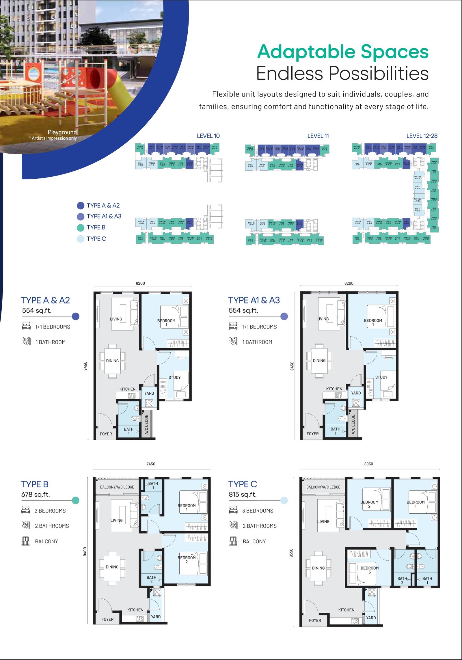 Pelan unit e.Sentral SmartCity 1+1 hingga 3 bilik
