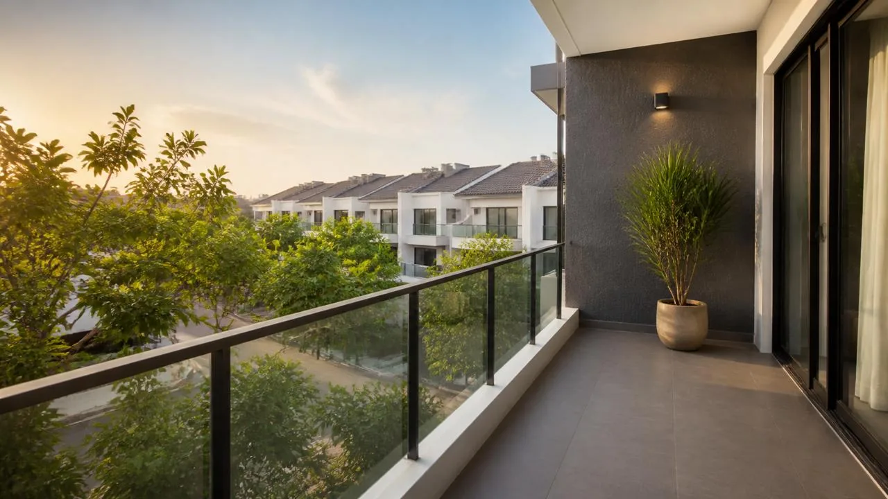 Visual inspirasi balkoni rumah landed dengan pagar kaca dan pemandangan kejiranan