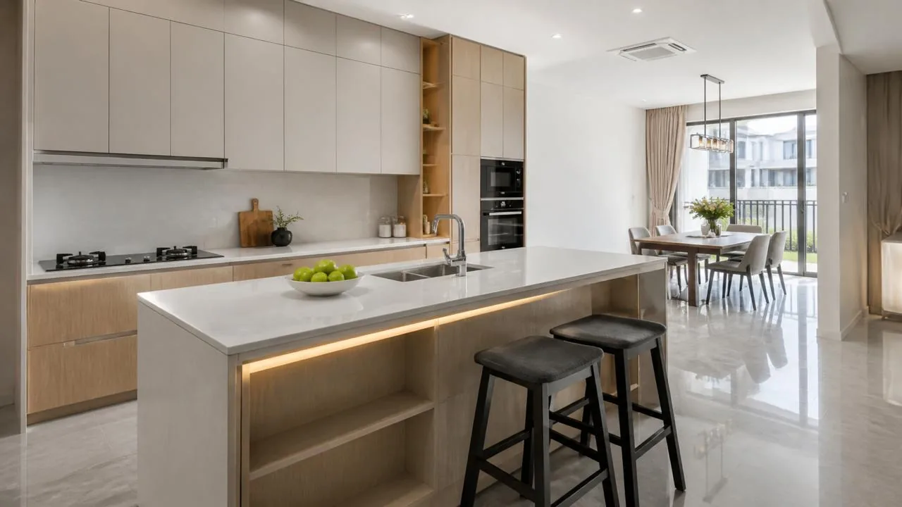 Visual inspirasi dapur moden dengan kaunter pulau dan ruang makan