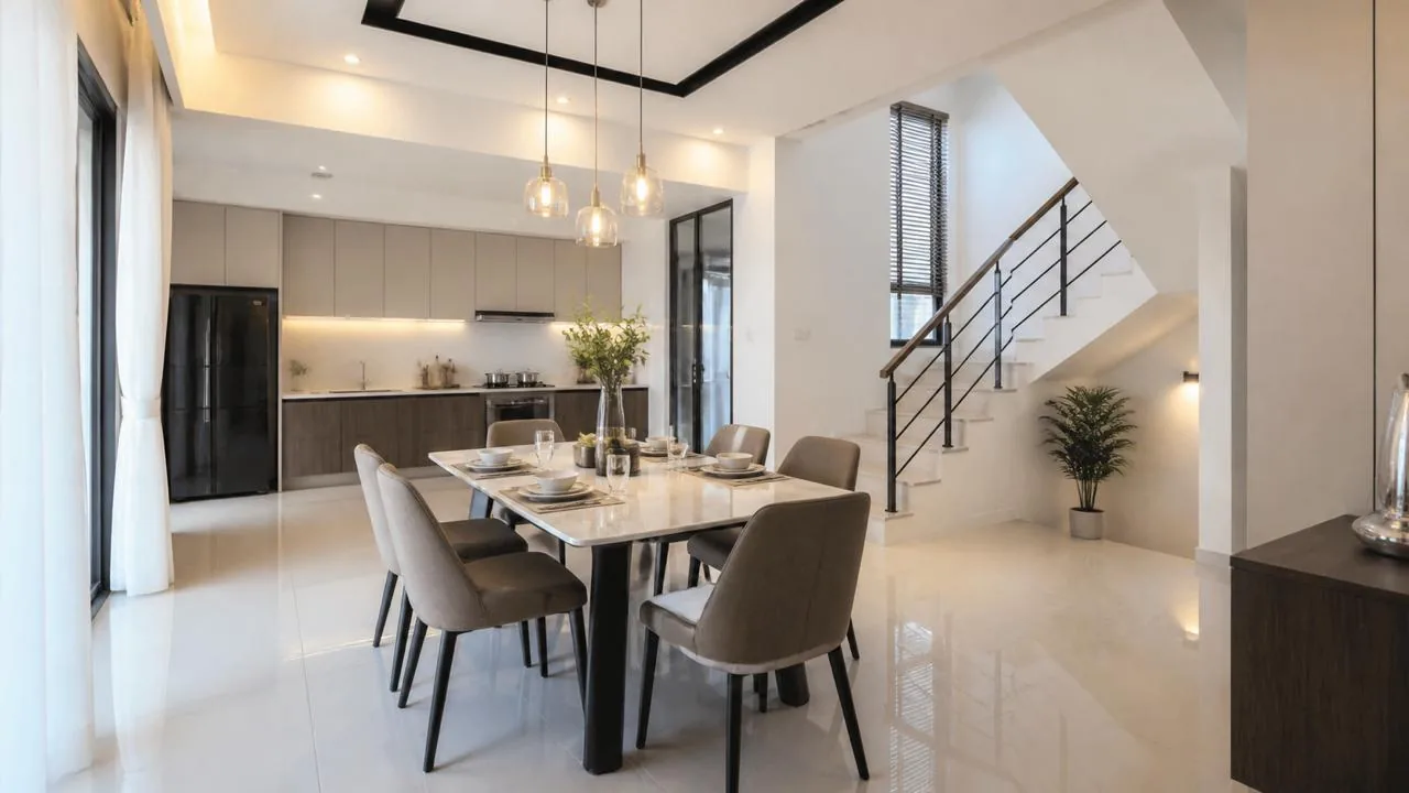 Visual inspirasi ruang makan dan dapur terbuka rumah bertingkat