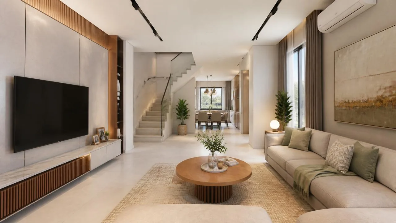 Visual inspirasi ruang tamu rumah landed dengan susun atur terbuka, tangga dan ruang makan