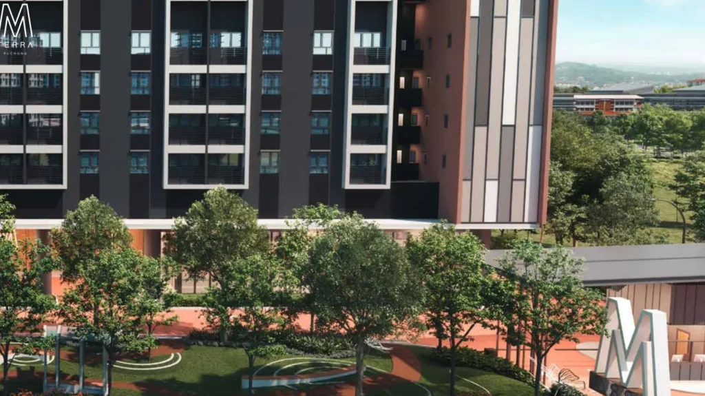 Gambaran artis fasad dan taman pusat M Terra Puchong