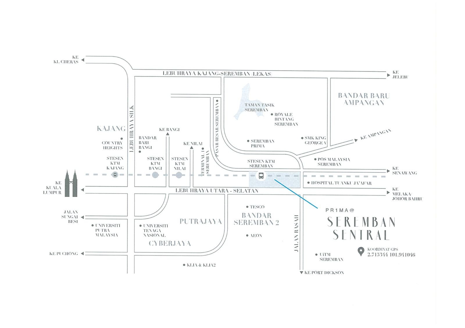 PR1MA Seremban Sentral location map highways KTM stations