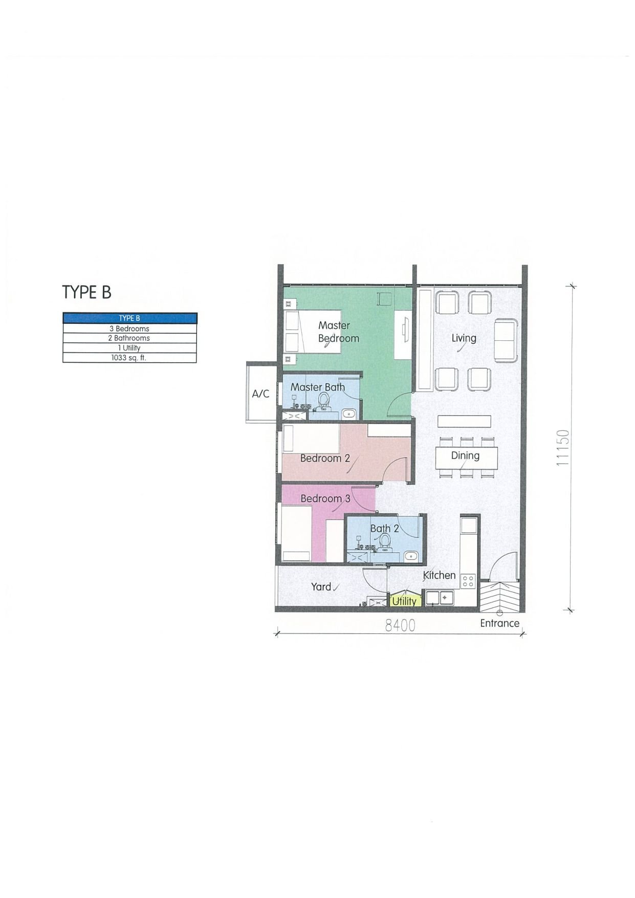 PR1MA Seremban Sentral Type B floor plan 1033 sqft 3 bedrooms