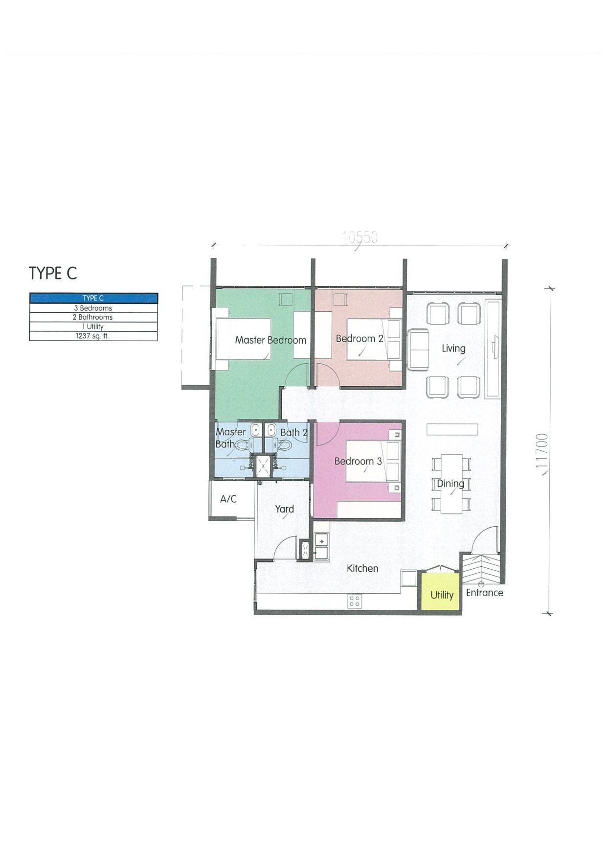 PR1MA Seremban Sentral Type C floor plan 1237 sqft 3 bedrooms