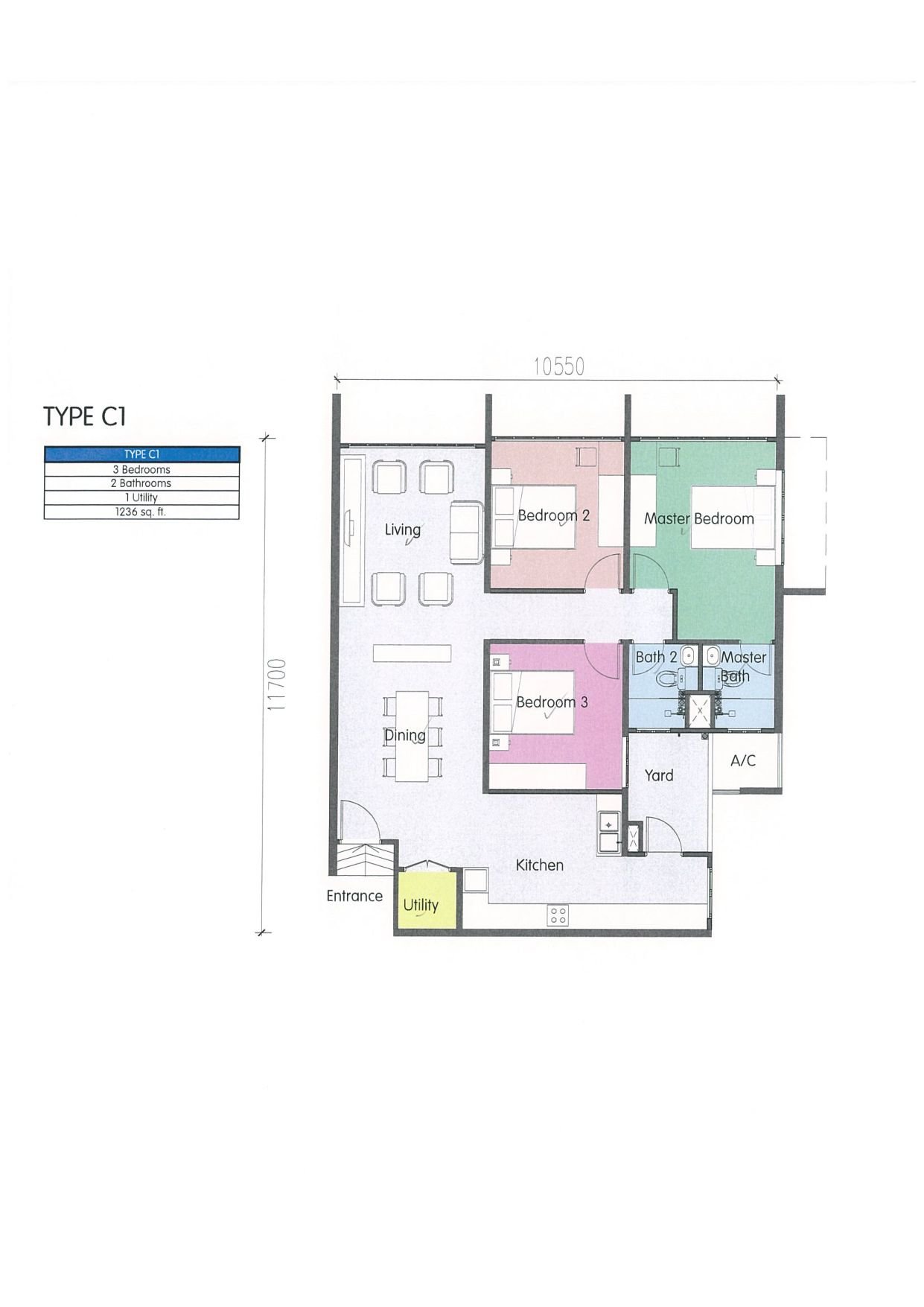 PR1MA Seremban Sentral Type C1 floor plan 1236 sqft 3 bedrooms