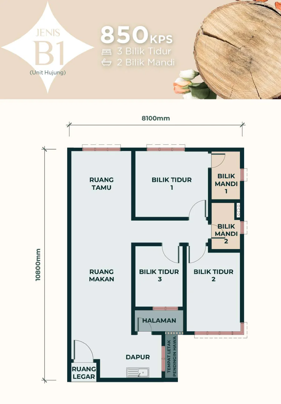 Pelan Type B1 unit hujung Residensi Naluri, 850 kps