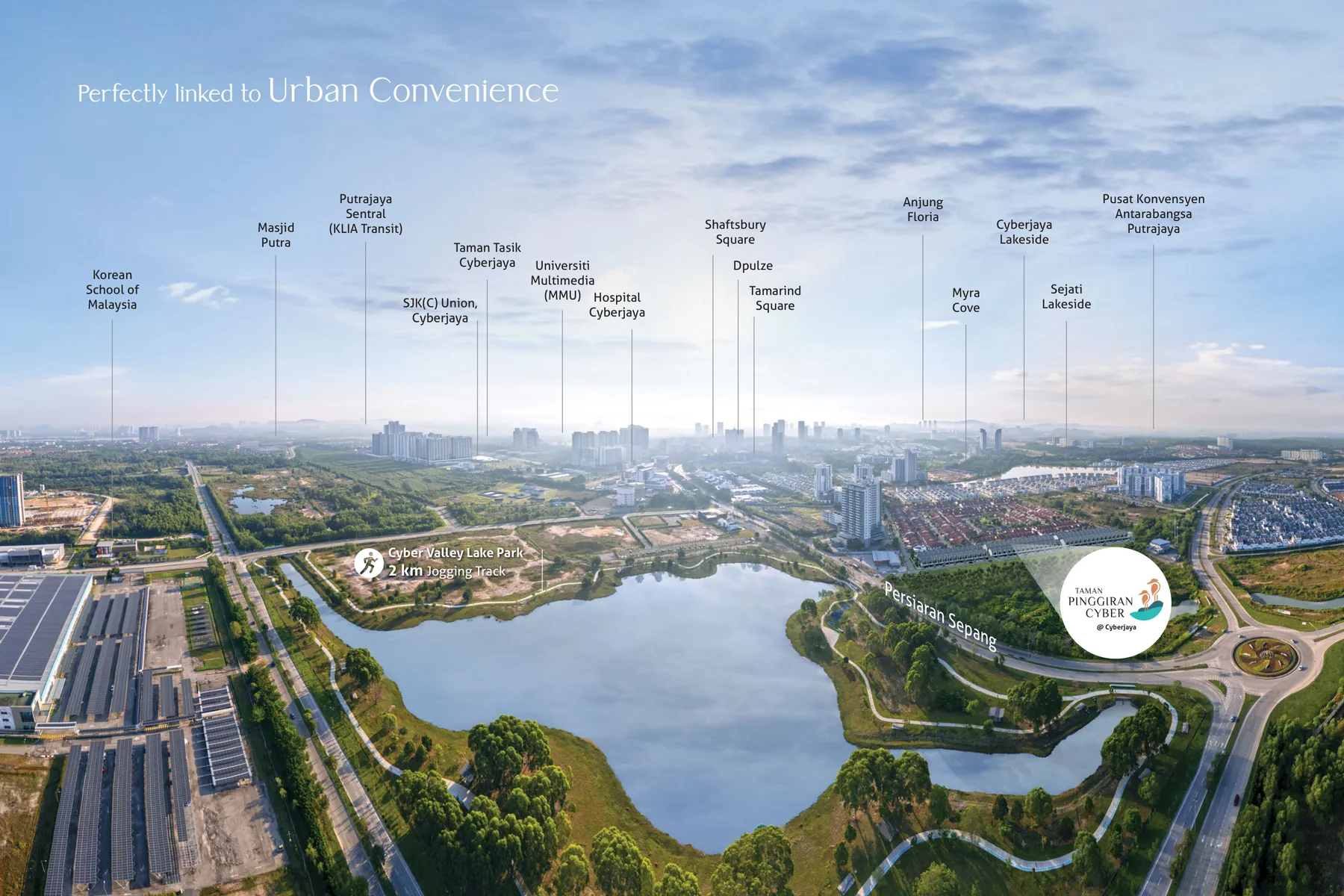 Pandangan udara konteks Taman Pinggiran Cyber berhampiran Cyber Valley Lake Park