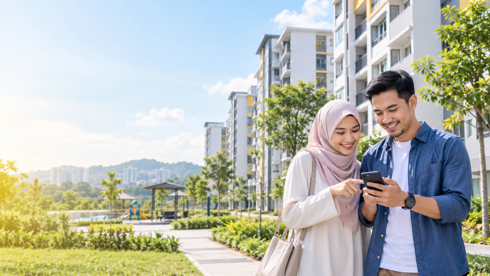 Ilustrasi pasangan melihat telefon di kawasan kediaman dengan laluan pejalan kaki dan landskap.